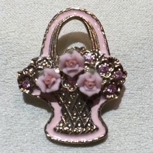 EUC 1928 14K Gold-Dipped Porcelain Rose Basket Pin, 1" W x 1 1/2" T